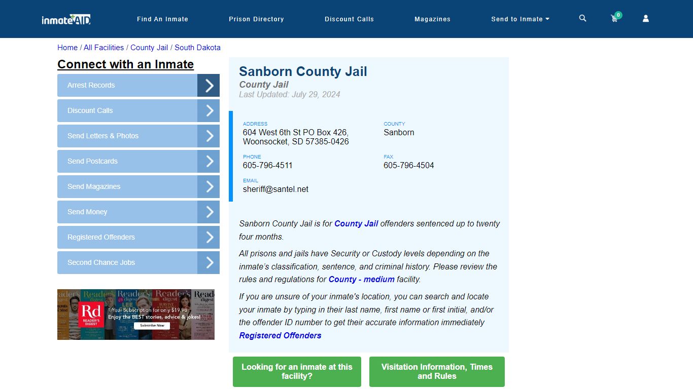 Sanborn County Jail - Inmate Locator